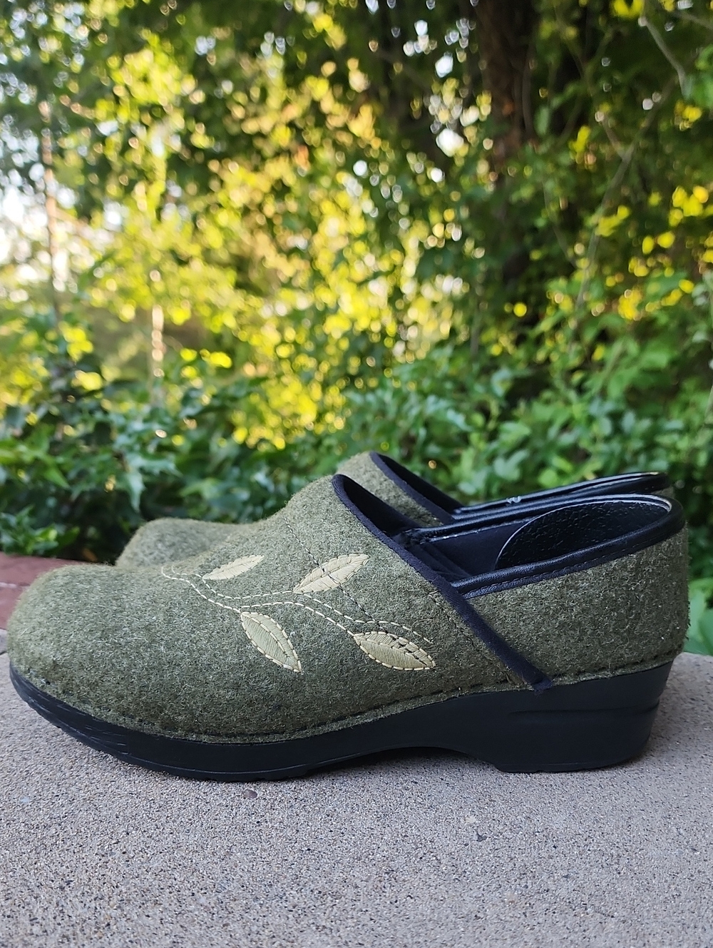 Dansko Olive Green Wool Clogs with Leaf Stitching